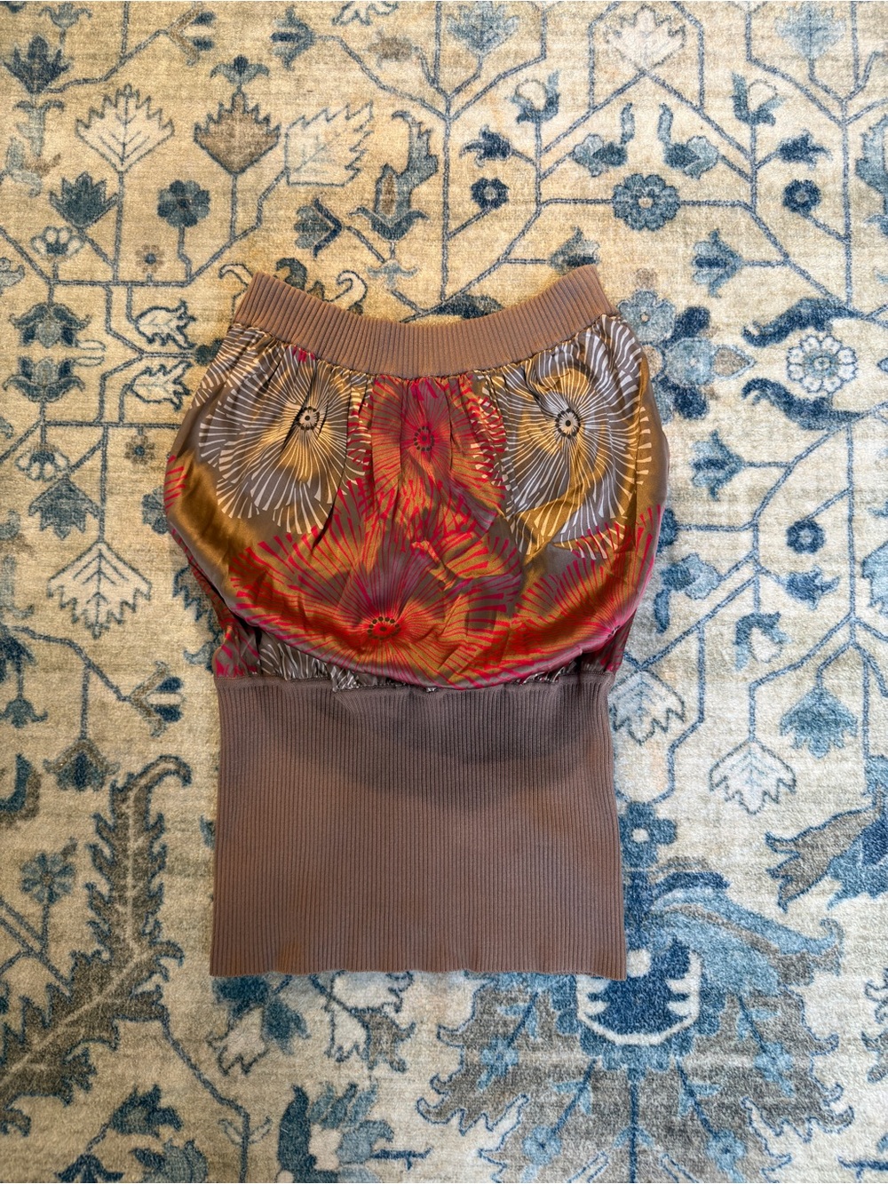 bebe Brown Mini Skirt with Red & Gold Floral Panel